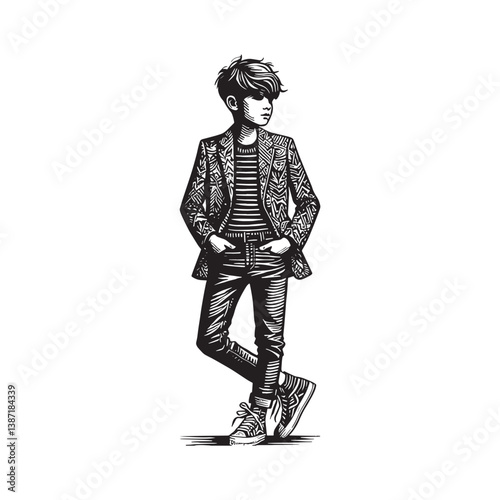Stylish boy posing confidently in a traditional monochrome woodcut illustration