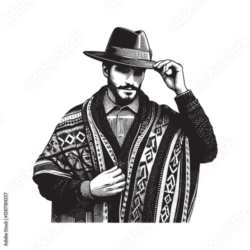 Sophisticated Gentleman in Traditional Poncho and Hat artistic sketch