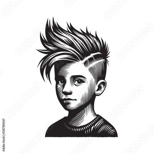 Stylish Boy Portrait with Edgy Faux Hawk Hairstyle in Woodcut Style Illustration