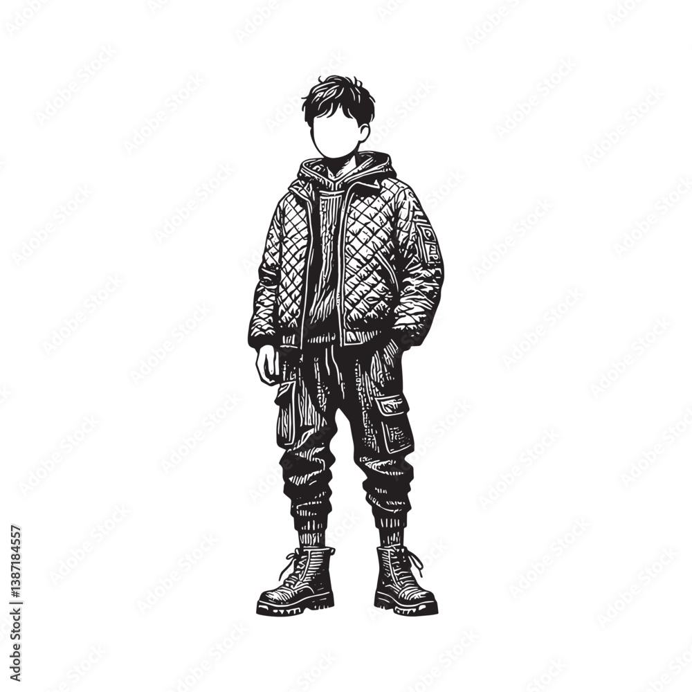 Fototapeta premium Stylized figure in quilted jacket and joggers clean detail woodcut art
