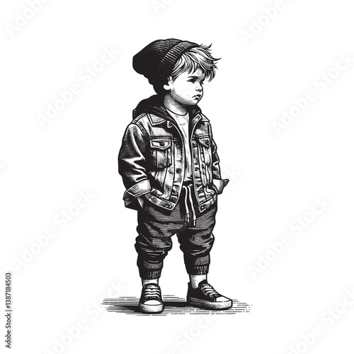 Stylized boy in denim and joggers artistic monochrome drawing