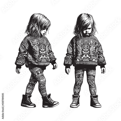 Stylized children portraits in patterned attire evoking a vintage woodcut style