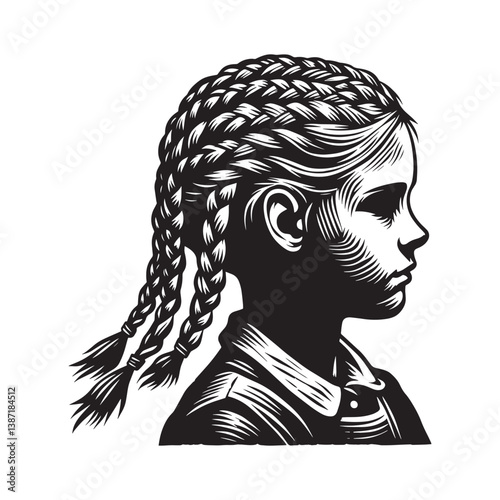 Stylized child portrait illustration with French braids hairstyle in a woodcut technique