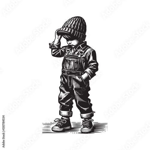 Stylized depiction of a young boy in overalls with a woodcut drawing style