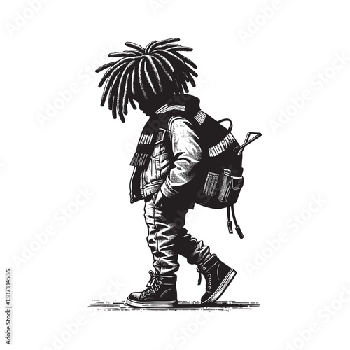Stylized depiction of a kid in reggae-inspired attire with woodcut rendering