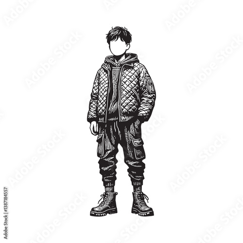 Stylized figure in quilted jacket and joggers clean detail woodcut art