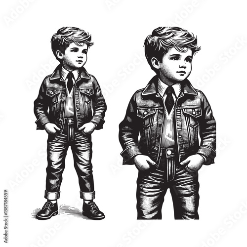 Stylized drawing of a young boy in retro denim jacket and tailored attire