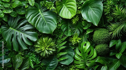 A kaleidoscope of vibrant green leaves, in a seamless, captivating pattern, infuses fashion with the tropical allure of a lush rainforest, creating a mesmerizing focal point in your home decor. 