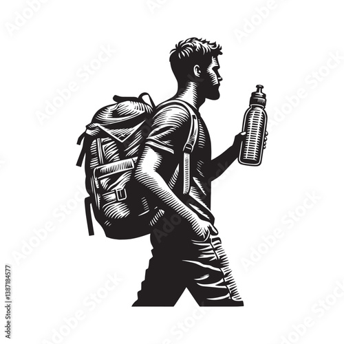 Stylized illustration of a man with backpack holding a water bottle