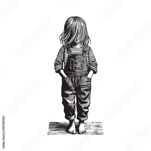 Stylized illustration of a child with overalls and striped shirt woodcut style