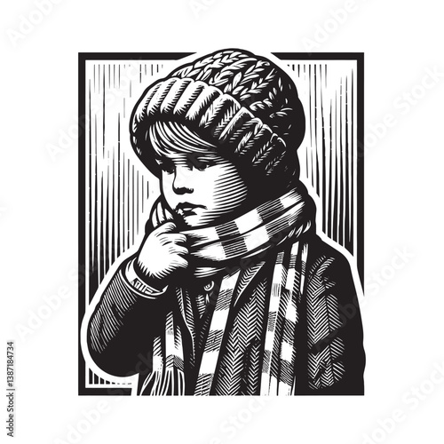 Stylized monochrome illustration of a young person bundled for winter weather