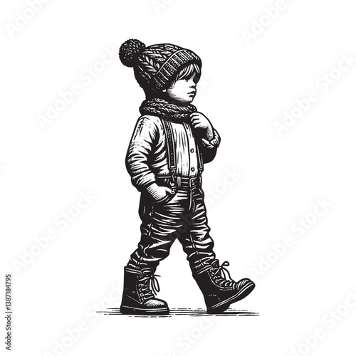 Stylized portrait of a little boy in winter attire depicted in a woodcut style
