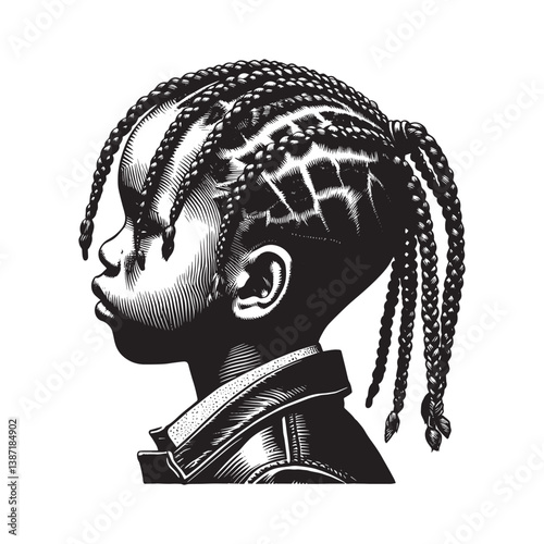 Stylized portrait of a young person with box braids in woodcut style