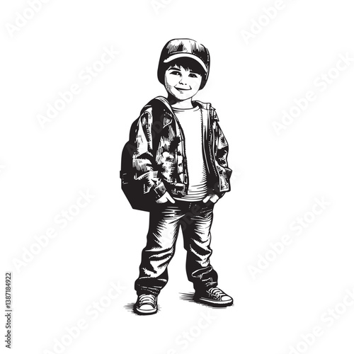 Stylized portrait of a boy with youthful confidence in detailed black and white