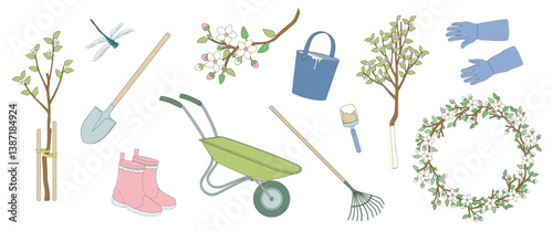 set tools and elements about gardening, protective gloves, shovel, rake, pair of rubber boots, blooming apple tree
