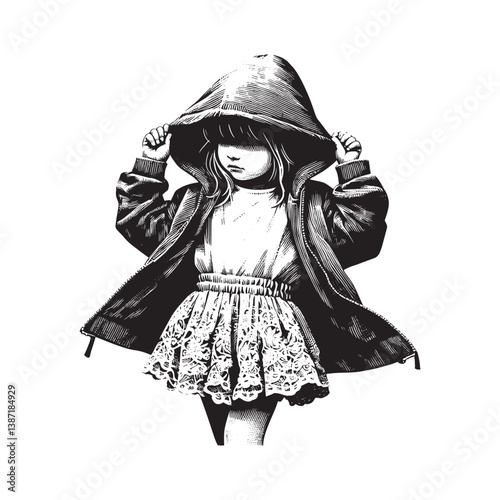 Stylized monochrome illustration of a young child with hooded jacket and frilly shorts