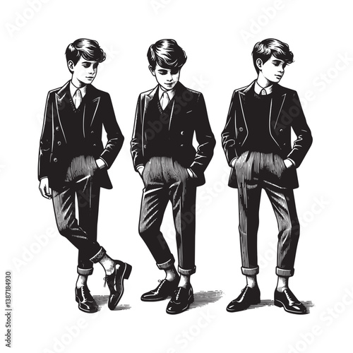Stylized portraits of a young man in elegant vintage attire rendered in woodcut style