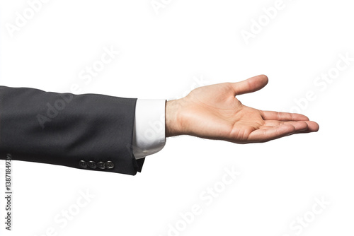 Hand extended for offer: An elegant image features a hand with an open palm, framed by a business suit sleeve. Perfectly suited for illustrating concepts like offering, giving, or providing.