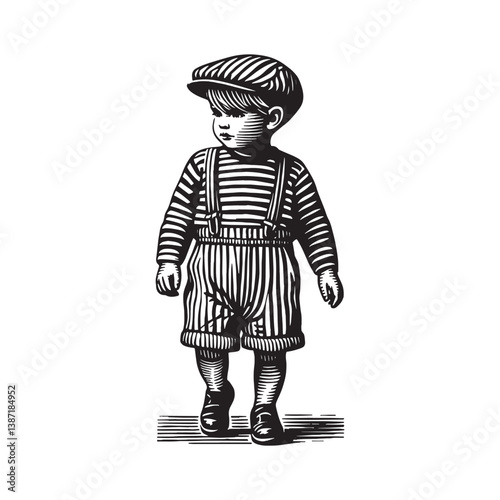 Stylized toddler illustration in striped outfit with matching newsboy cap