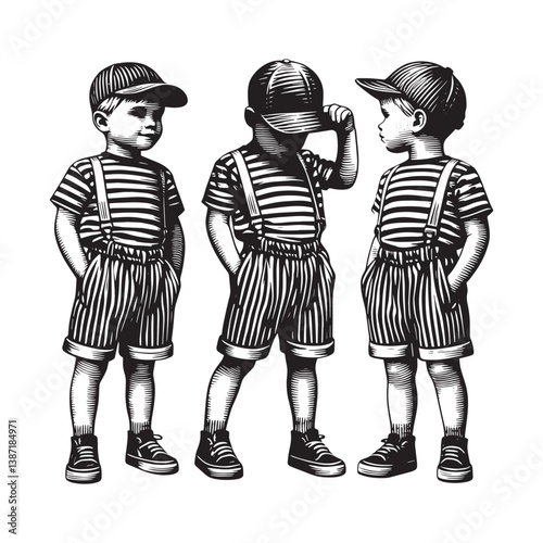 Stylized trio of boys dressed in vintage striped outfits and caps illustration