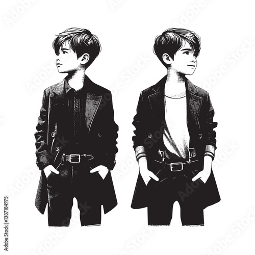 Stylized rendition of boy,s minimalist fashion in sleek monochrome drawing