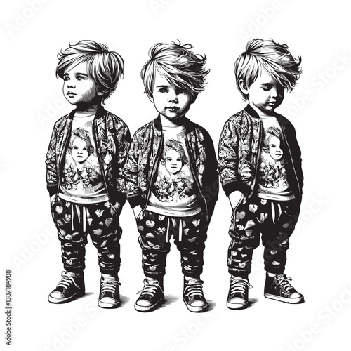 Stylized triplets illustration with detailed clothing in a woodcut drawing style