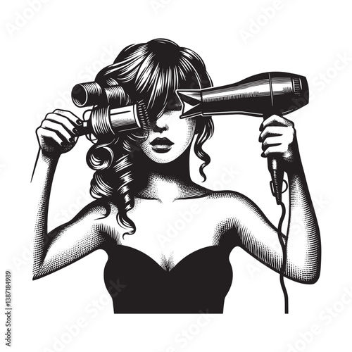 Stylized woman blow drying bangs with round brush in a woodcut style portrait
