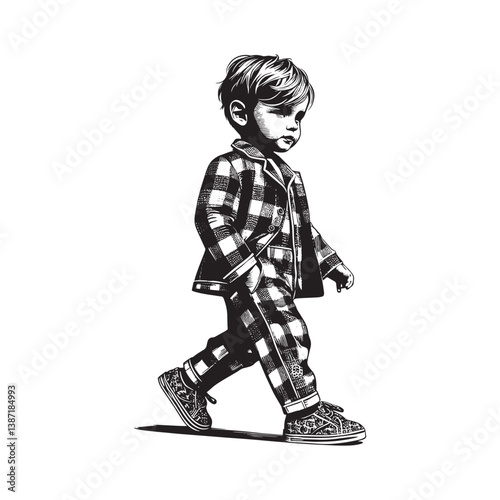 Stylized toddler in plaid pajamas and sneakers, monochrome woodcut illustration