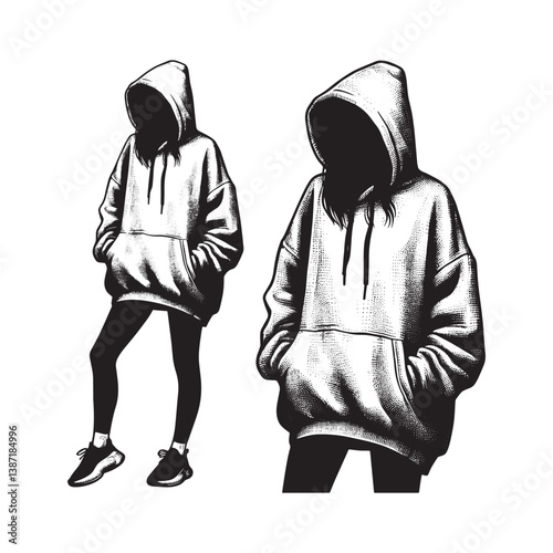 Stylized Woman in Hoodie and Leggings in a Vintage Woodcut Style Illustration
