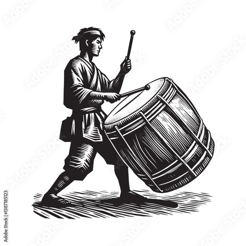 Traditional drum performance a cultural rhythm experience in woodcut style