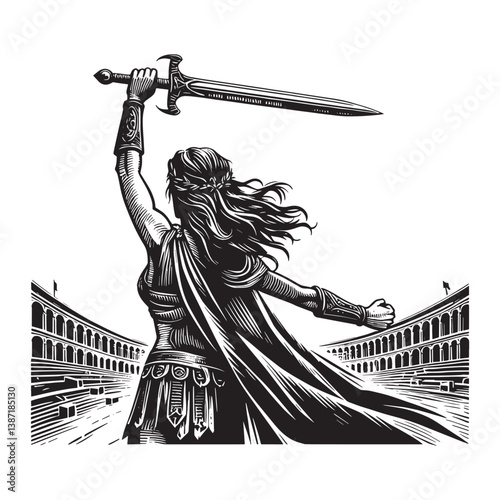 Triumphant female gladiator raising sword in roman amphitheater woodcut depiction