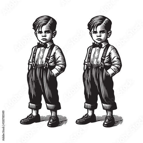 Twin depiction of a boy dressed in dapper attire in a vintage woodcut style