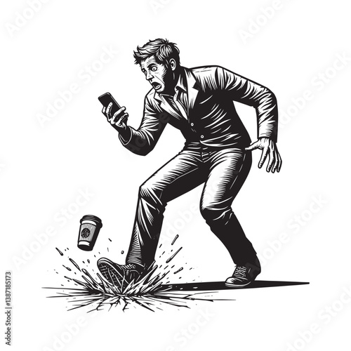 Unexpected discovery shocks man causing spilled coffee and cracked phone
