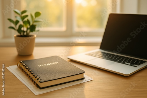 Contemporary Workspace With Planner, Laptop, and Potted Plant During Morning ...