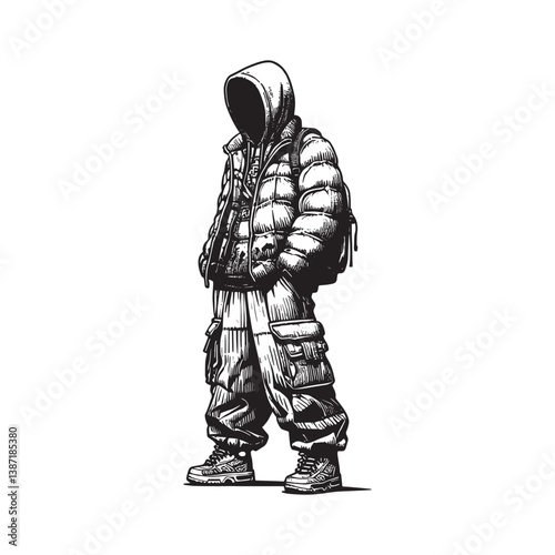 Vibrant urban aesthetic featuring a puffer jacket and wide-leg cargo pants