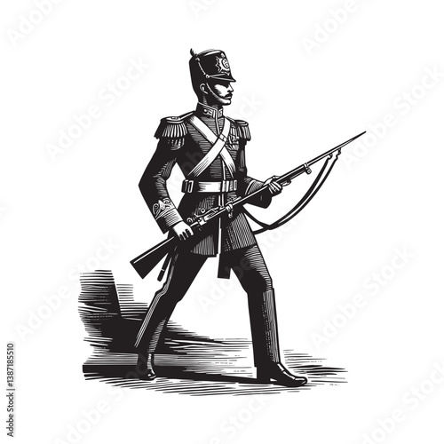 Vintage illustration of uniformed officer with rifle on patrol duty