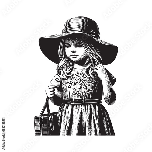 Vintage little girl with floppy hat and suitcase in woodcut drawing