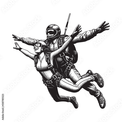 Vintage monochrome illustration of skydivers embracing the thrill of freefall