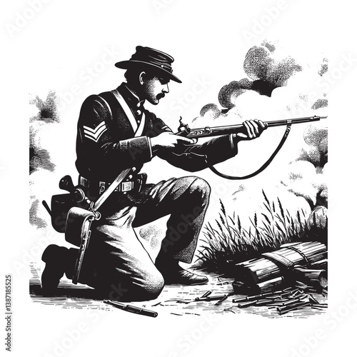 Vintage illustration of a civil war soldier aiming with rifle on battlefield