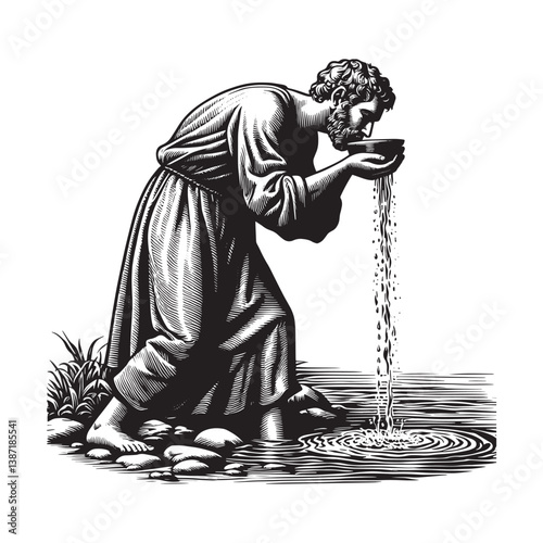 Vintage style drawing of a man quenching thirst by drinking from stream