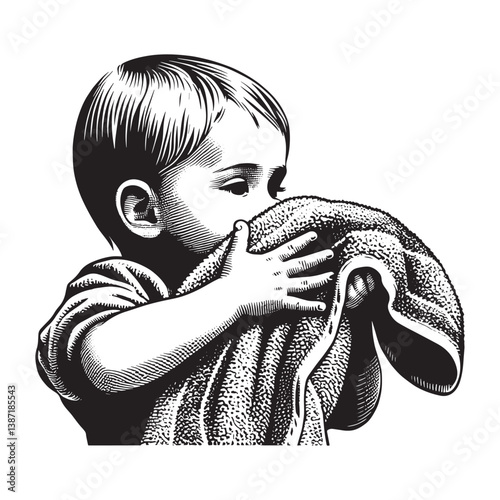 Vintage style drawing of a child embracing a vibrant striped towel lovingly
