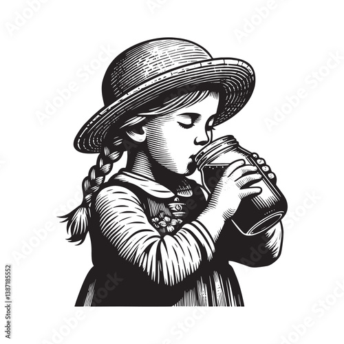 Vintage style illustration of a girl enjoying a refreshing drink from a mason jar