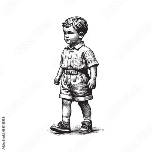 Vintage style monochrome illustration of a young boy posing confidently