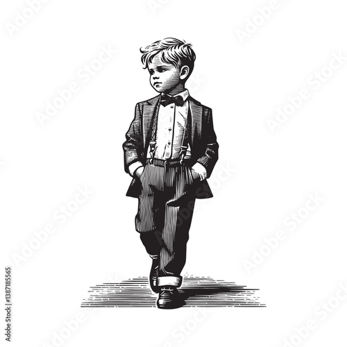 Vintage style monochrome woodcut illustration of a young boy in formal attire