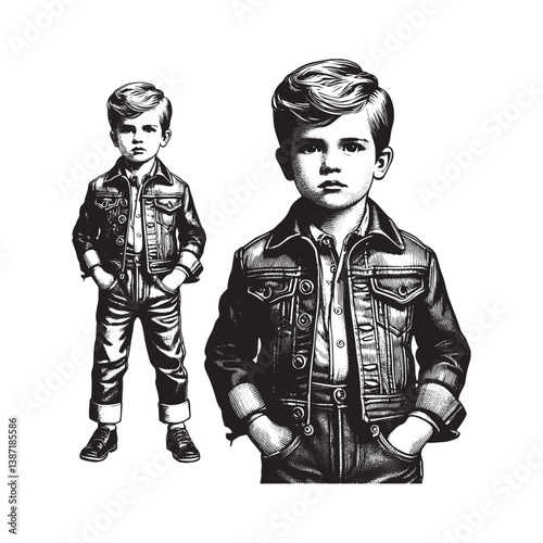 Vintage style depiction of a young boy in denim jacket and jeans outfit