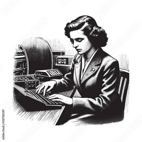 Vintage style illustration of a woman operating a complex communication device