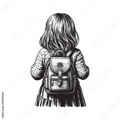 Vintage woodcut drawing of a young girl with a small backpack for an outing