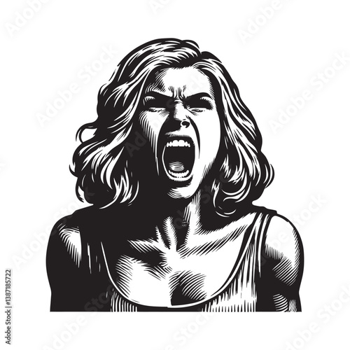 Visceral Expression of Rage Woman with Burning Eyes in Woodcut Style