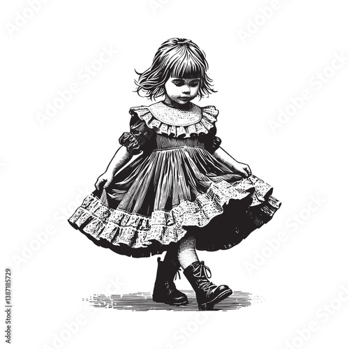 Whimsical depiction of a young girl in a vintage dress with chunky boots