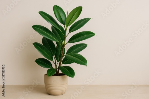 Indoor Rubber Plant in a Simple Pot on a Minimalist Shelf With a Beige Wall B...